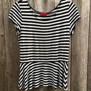 ELLE Black White Contrast Striped Peplum Short Sleeve Top Medium